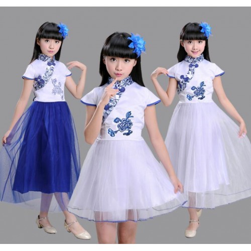 Kids chinese folk dance dress girls white  ancient classical traditional performance china style dress
